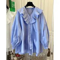 D5128法式荷叶边拼接飘带棉布衬衫上衣女宽松遮肉中长款春季新款