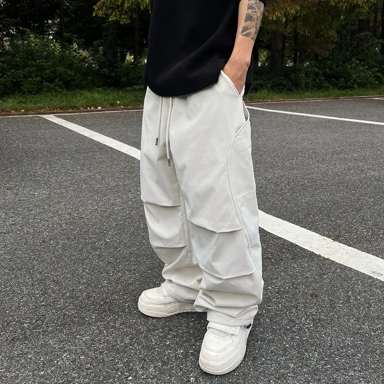 秋季加绒保暖美式褶皱运动时尚百搭冲锋裤男宽松直筒休闲工装裤