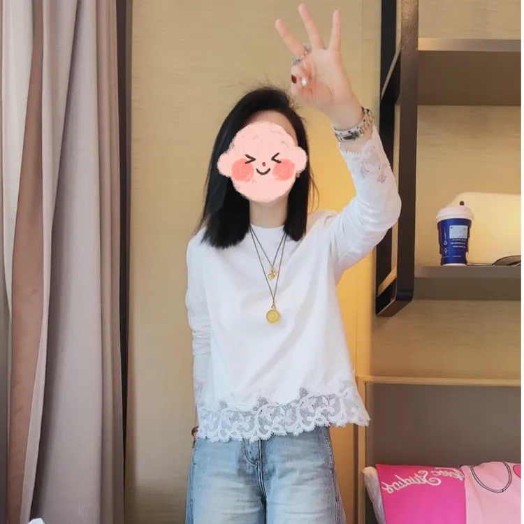 欧货袖口下摆蕾丝拼接打底衫女2025年春季新款时尚宽松休闲上衣潮