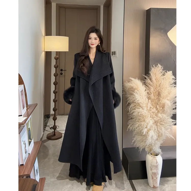 珩绣气质欧美风格宽松型长款女老钱风毛呢外套长款款时尚毛呢8865