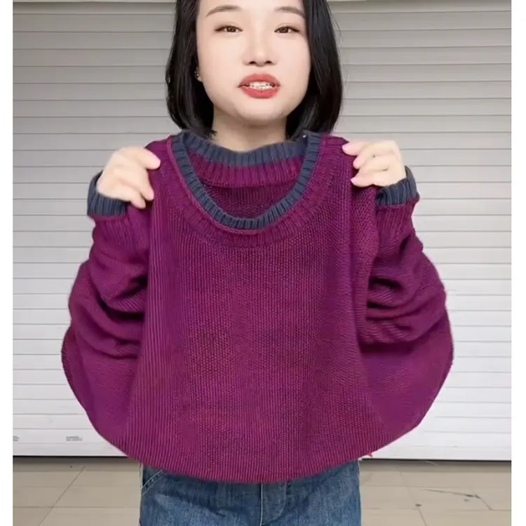 宽松遮肚子显瘦针织打底衫女拼色圆领大码女装休闲百搭毛衣小衫潮