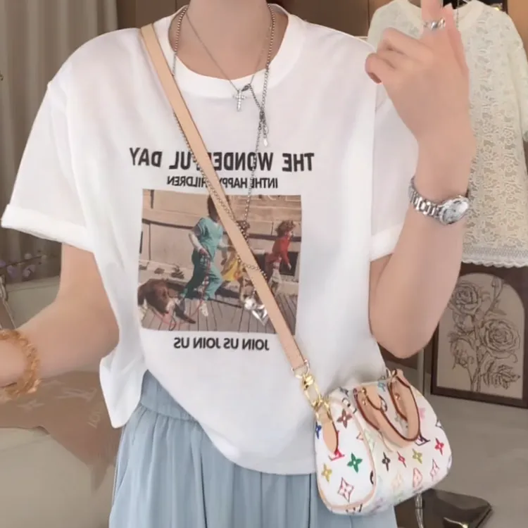 时尚休闲印花短袖T恤女2025年夏季新款圆领套头设计感宽松上衣