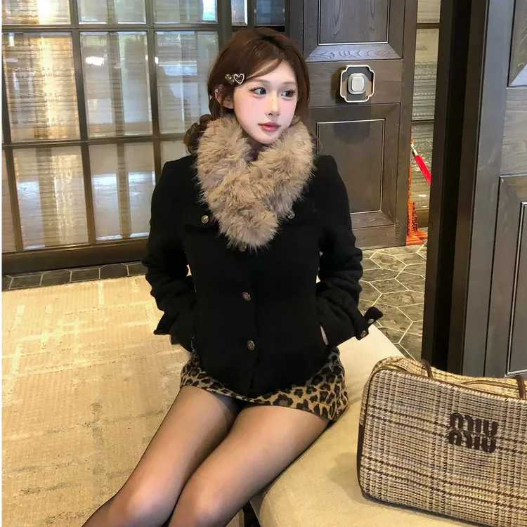 涉谷辣妹 时尚套装两件套纯欲风秋冬修身外套加厚+豹纹半裙百搭