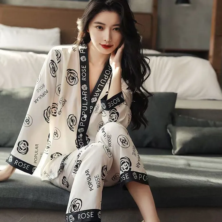 【粉丝专享】睡衣女春秋季开衫长袖长裤加大宽松轻奢家居服套装739