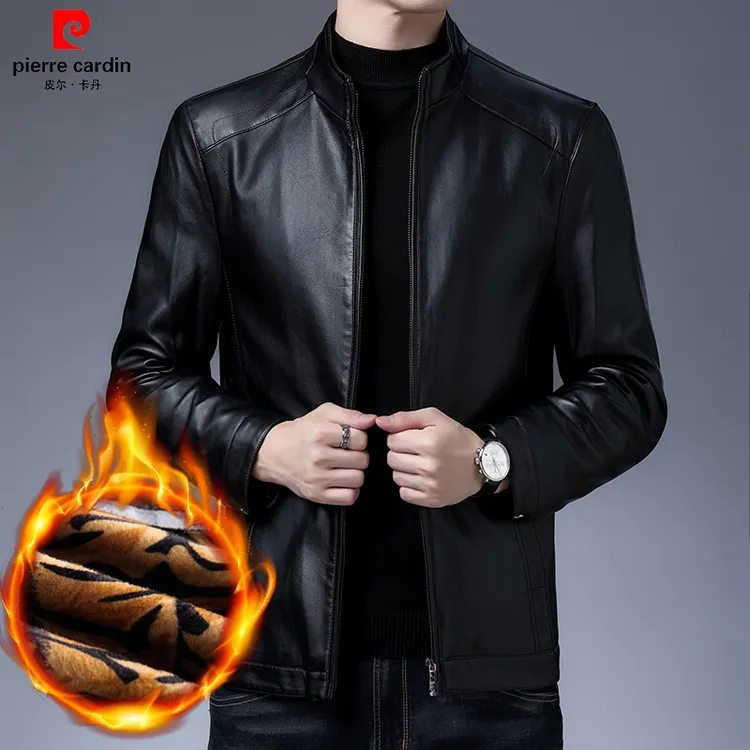 皮尔卡丹男士2025新款皮夹克冬季加绒加厚商务时尚休闲外套皮衣