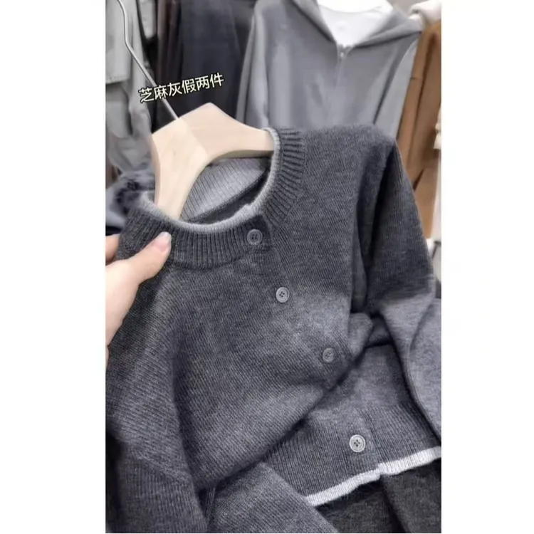 韩系慵懒风假两件百搭针织开衫秋冬减龄小众大码胖MM显瘦洋气毛衣