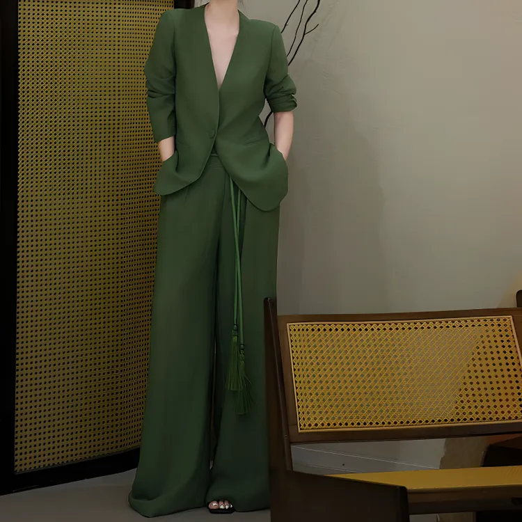 慵懒老钱风亚麻套装设计感宽松时尚西服阔腿裤两件套西装绿色气质