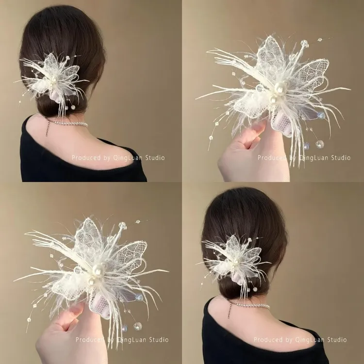 欲望蝴蝶纯欲风羽毛珍珠蝴蝶发夹女2025年新款马尾发卡旅行发饰