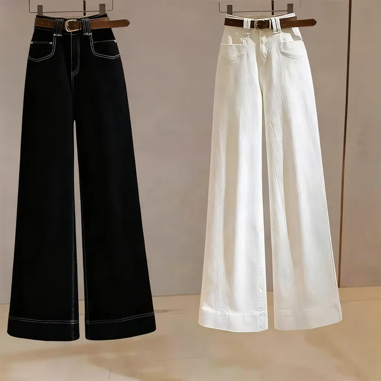 老钱风韩版时尚阔腿裤牛仔裤直筒百搭秋季高腰显瘦休闲