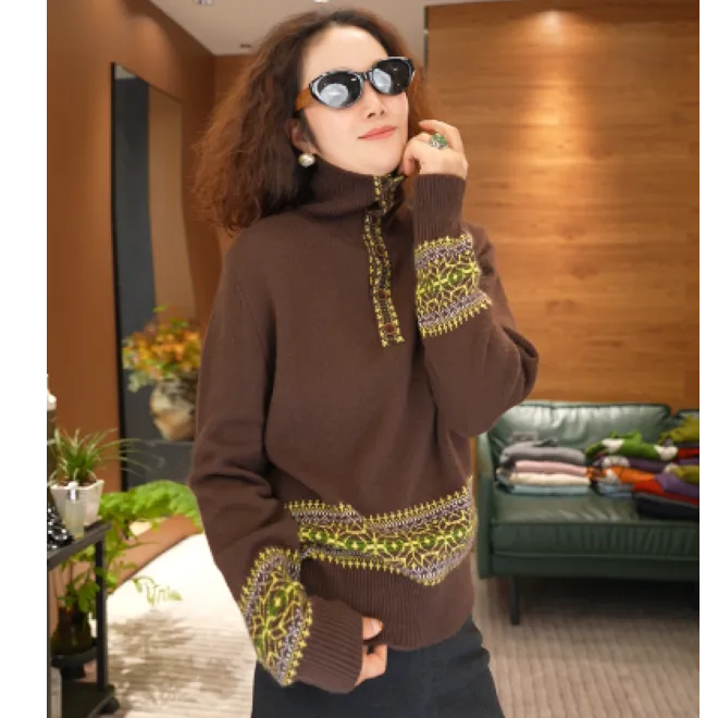 高领拼色复古减龄长袖针织衫费尔岛加厚套头时尚毛衣气质显示上衣