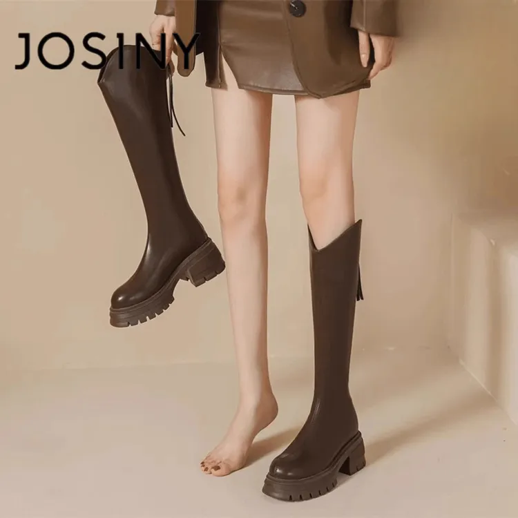 卓诗尼时尚加宽粗腿长筒靴女2025新款小个子厚底明星同款鞋女鞋子