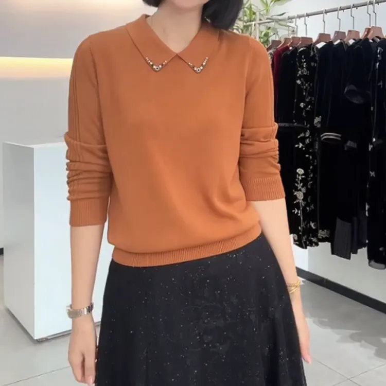 早秋新款莱赛尔中老年女装针织衫翻领气质减龄上衣天丝妈妈装