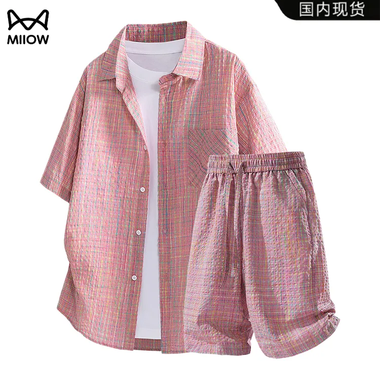 猫人套装泡泡纱肌理感格纹短袖衬衫男夏季新款轻薄透气短裤两件套