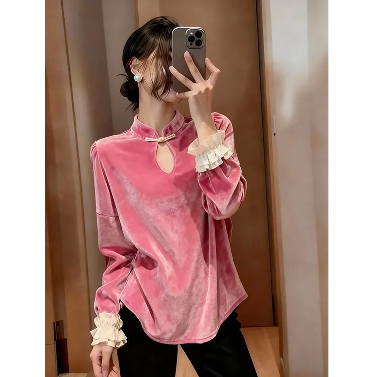 新中式蜜桃粉色丝绒衬衫女秋冬内搭可外穿打底衫国风改良盘扣上衣