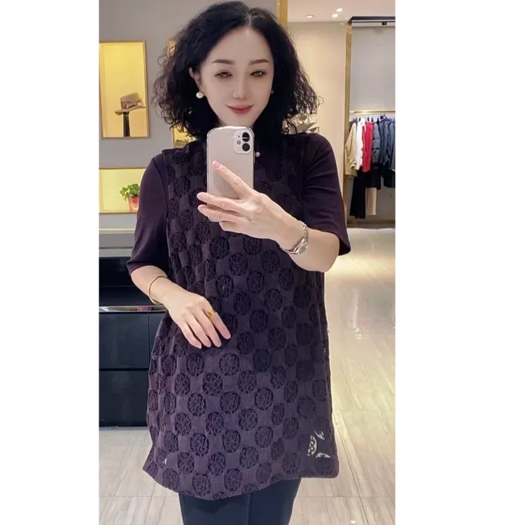 减龄中式无袖小衫女 绛紫色蕾丝提花盘扣上衣 时尚气质四季款