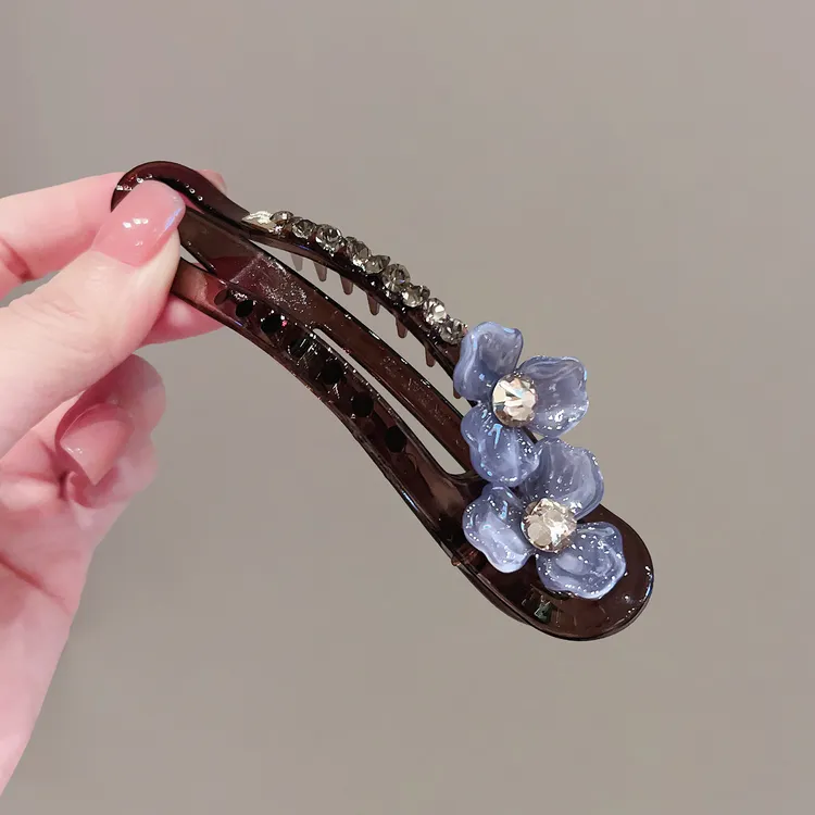 复古醋酸花朵懒人一字夹高级感花朵珍珠抓夹后脑勺盘发夹气质发饰