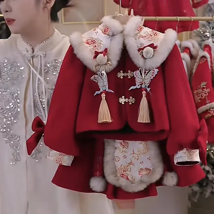 女童冬季加厚唐装小女孩新中式过年套装儿童国风红色喜庆拜年服装