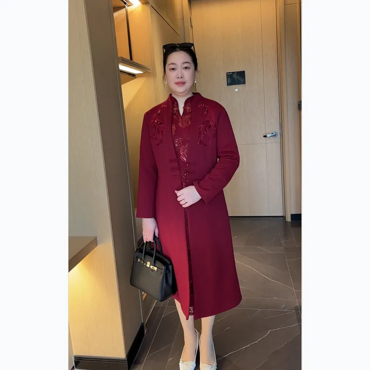 喜婆婆婚宴装加绒加厚旗袍结婚礼服妈妈秋冬装大码连衣裙两件套新