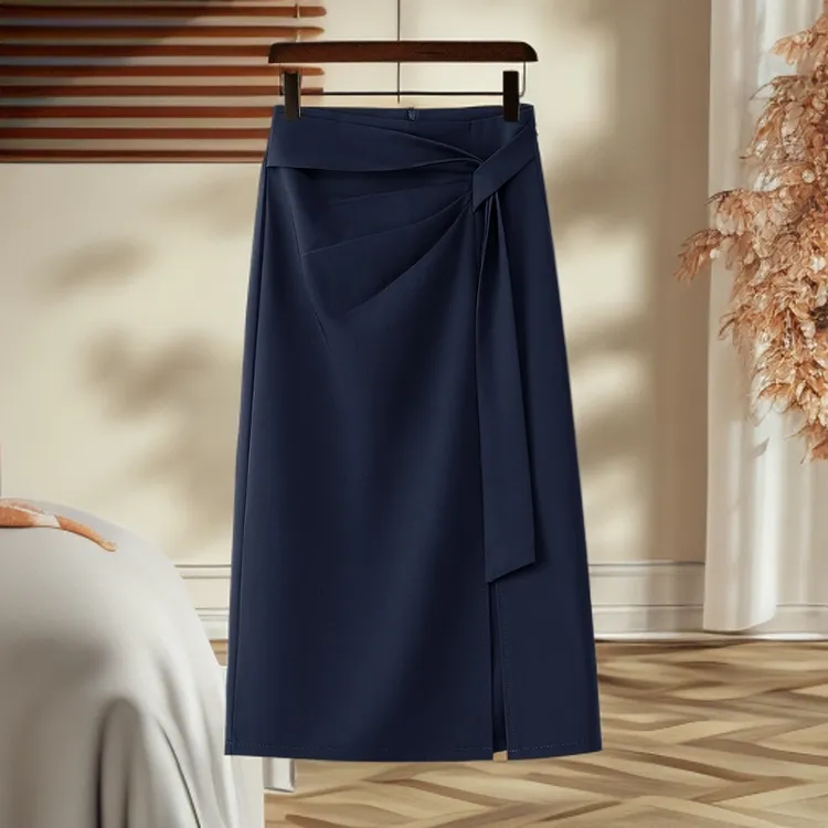 藏青色半身裙女秋季2025新款巨好看西装裙不规则开叉a字裙包臀裙