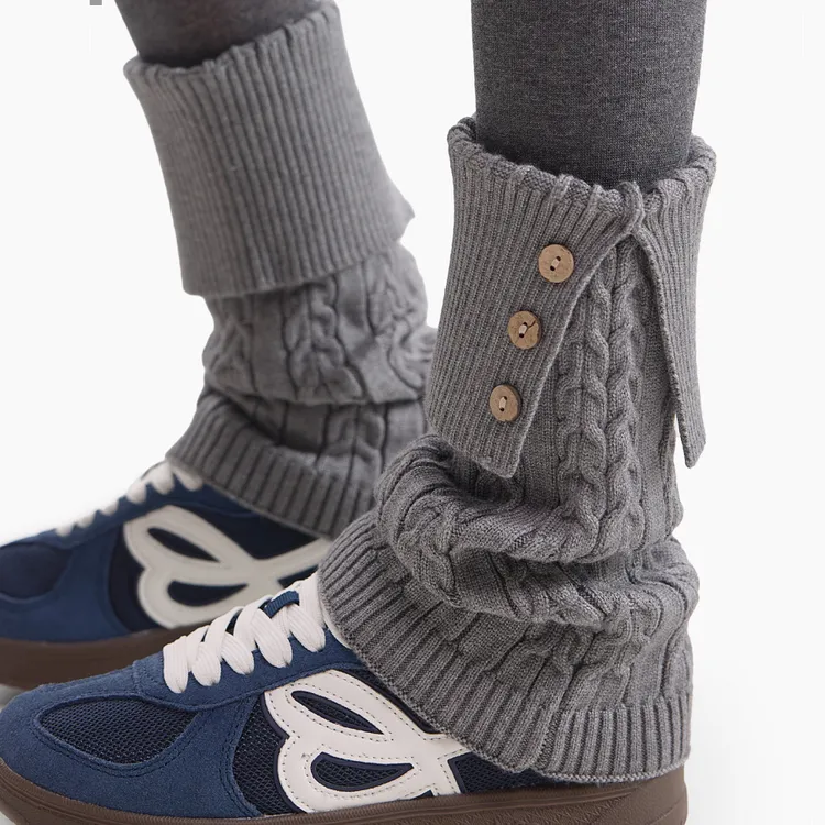 灰色复古麻花翻边纽扣腿套女休闲百搭加厚保暖叠穿打底裤堆堆袜套