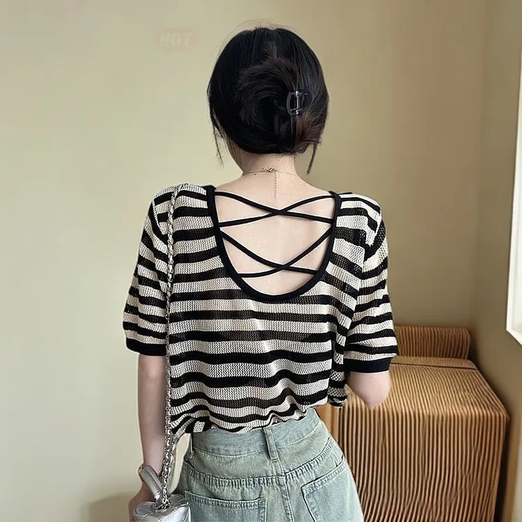 冰丝条纹短袖夏季防晒女款独特设计感上衣别致针织罩衫显瘦短款