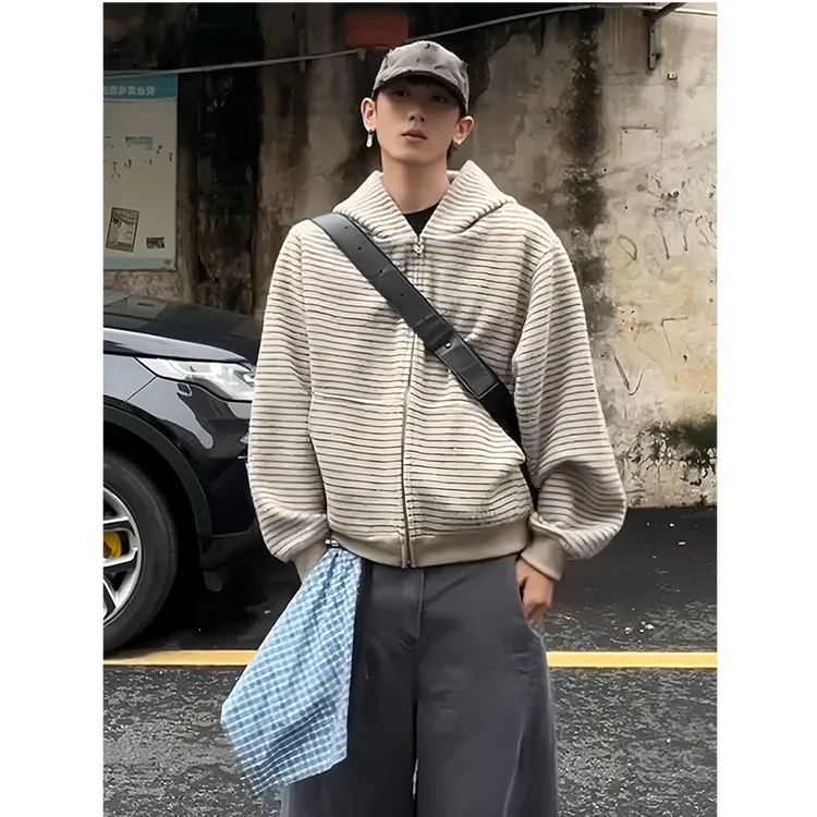 vintage短款条纹开衫连帽卫衣男秋季boxy美式高级感重磅拉链外套