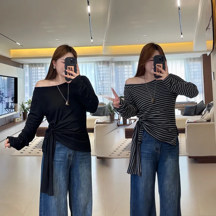 大码胖MM新款不规则条纹韩系开叉斜肩百搭修身设计感长袖T恤