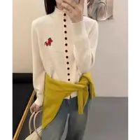 【运费补贴】米白色幸运马红扣子针织开衫女毛衣外套气质宽松上衣