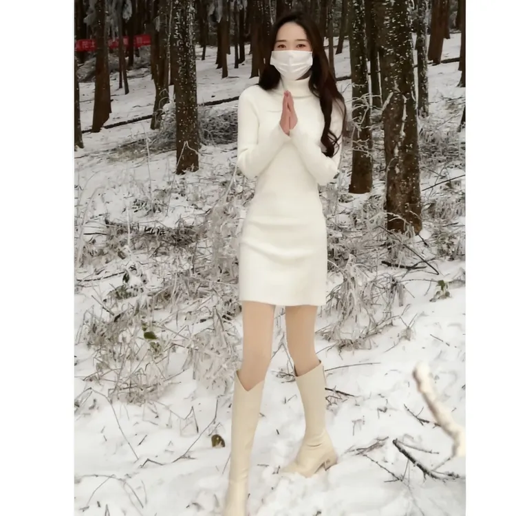 秋冬季时尚新款气质高领针织连衣裙女洋装修身显瘦打底毛衣包臀裙