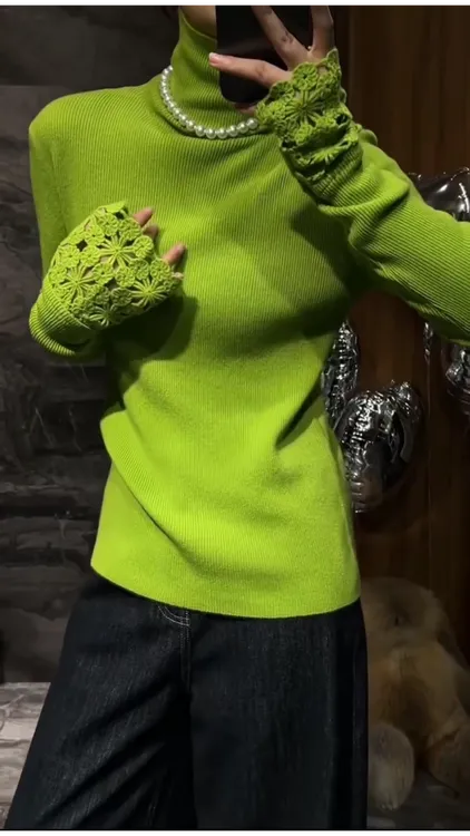 端庄大气绿色长袖毛衣女秋软糯高端精致时尚内搭打底针织衫上衣潮