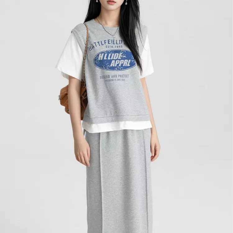 胖mm两件套短袖假两件t恤搭半身裙运动休闲套装