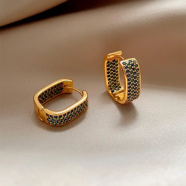 铜合金耳饰 气质欧美风轻奢彩色锆石U型耳环女高级感耳钉时尚耳饰