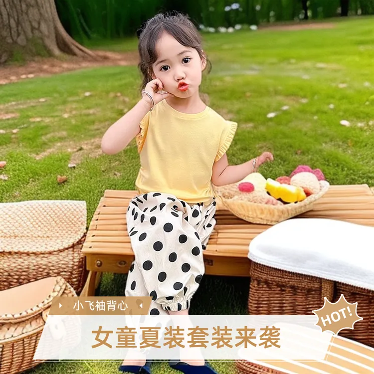 女童小飞袖抽绳套装夏季2025新款洋气时髦花边无袖圆点裤子两件套