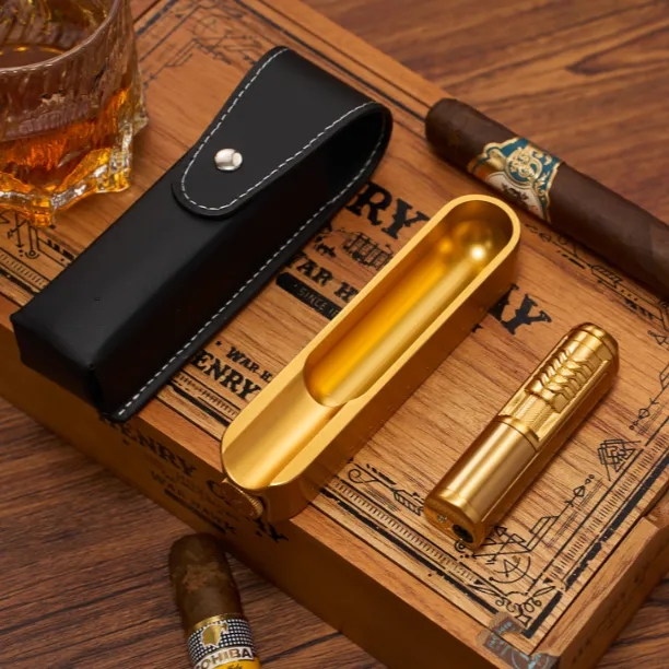 JIFENG季风铝合金真皮套装烟灰缸打火机烟托雪茄工具送礼三件套