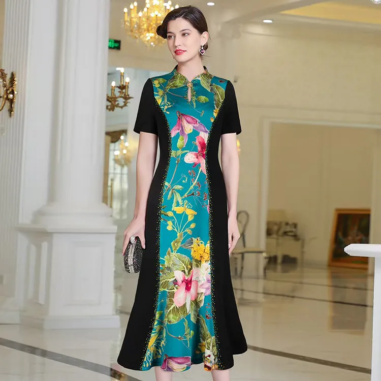 碧阳新款连衣裙2025夏高端妈妈装绣花长裙旗袍领鱼尾裙礼服气质