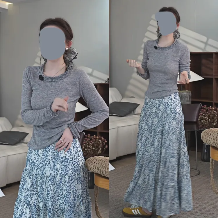 韩系复古洋气套装女夏季木耳边t恤碎花半身裙上衣裙子两件套