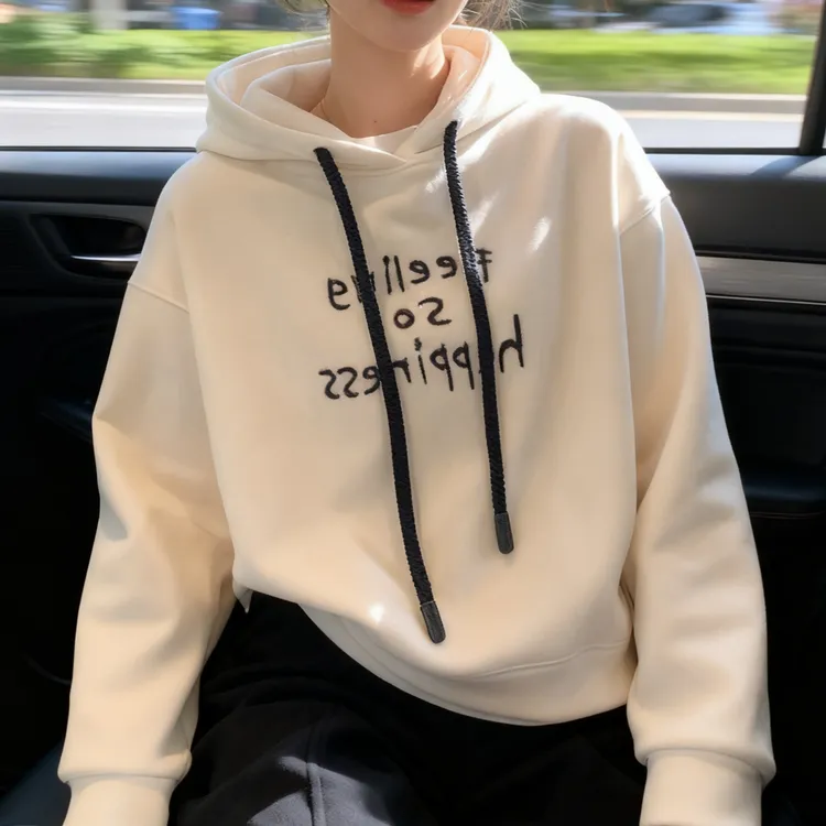 白色连帽加绒加厚卫衣女2025新款爆款秋冬季时尚洋气宽松短款上衣