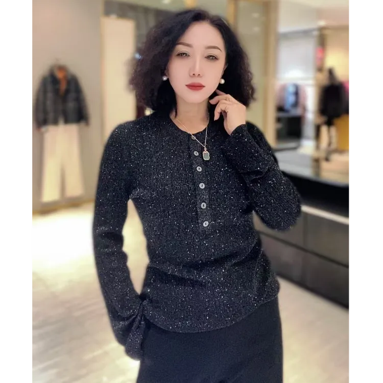 78.7% 绵羊毛黑色针织衫女 秋冬精致亮丝收腰气质上