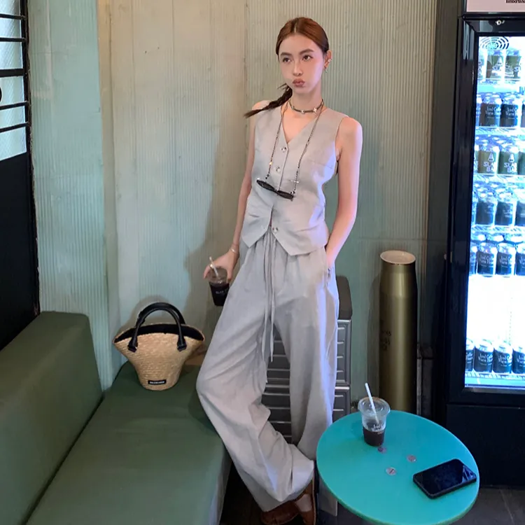 法式慵懒风条纹V领马甲女夏季新款百搭宽松阔腿休闲长裤两件套装