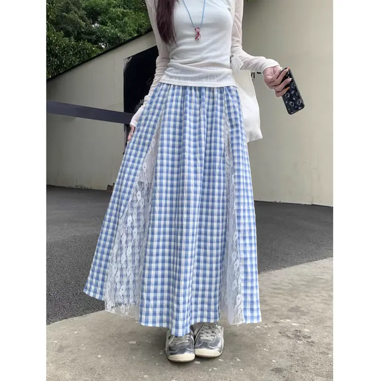 韩系甜美蕾丝拼接蓝色格子半身裙女2025春夏新款显瘦大摆a字长裙