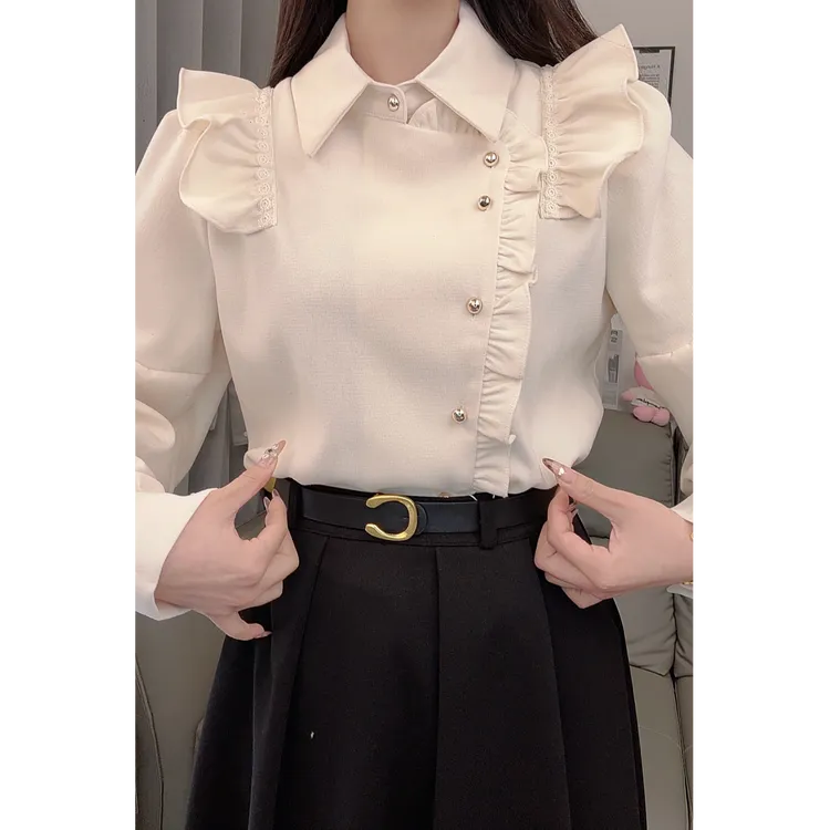 复古港风木耳边黄色长袖衬衫女秋冬季衬衣设计感气质上衣