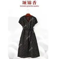 【香】【小蜜蜂】清库存Y1265新中式国风连衣裙V领落肩袖系腰带遮肚子