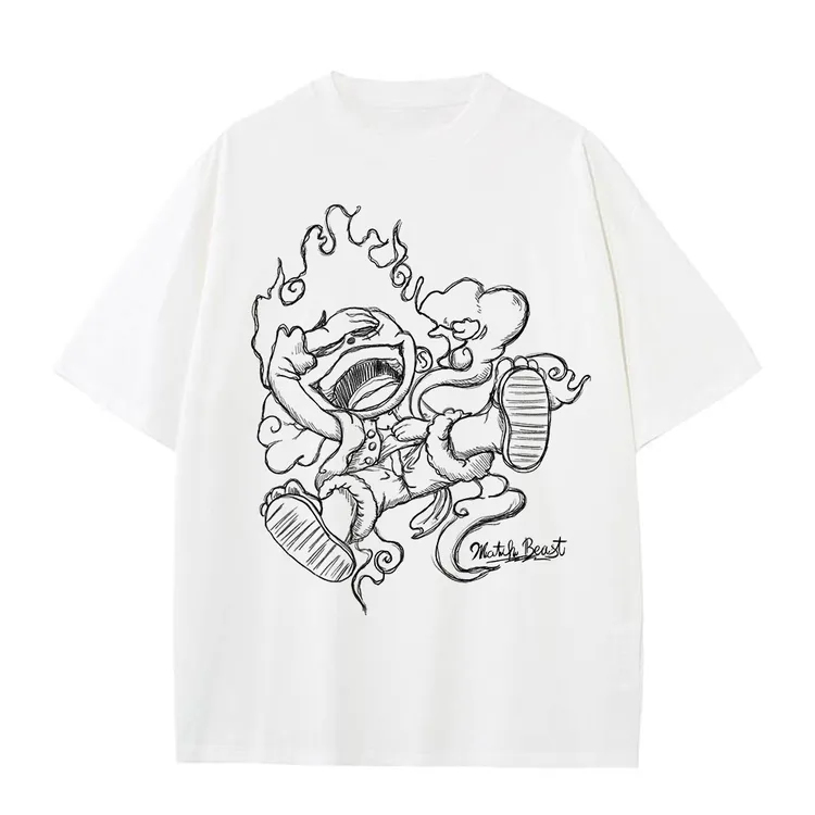 素描五档大笑路飞270克美式宽松精梳棉短袖男士T恤