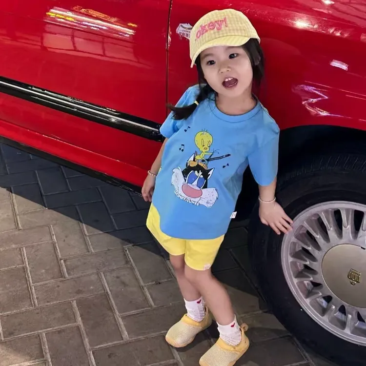 小思家2025夏季新款男女宝韩版休闲套装卡通印花圆领短袖五分短裤