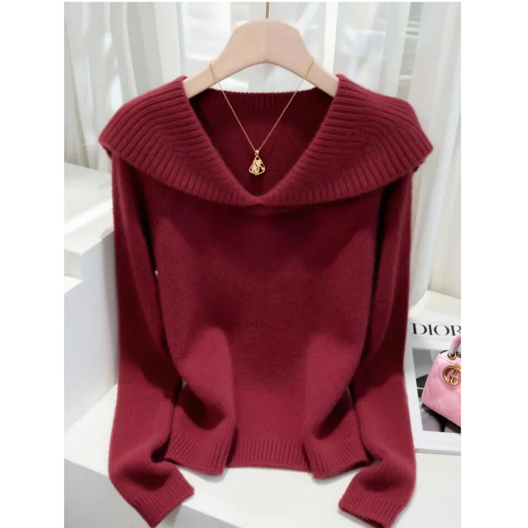 2025秋冬季新款女装翻领红色毛衣高级感慵懒风减龄套头针织衫爆款