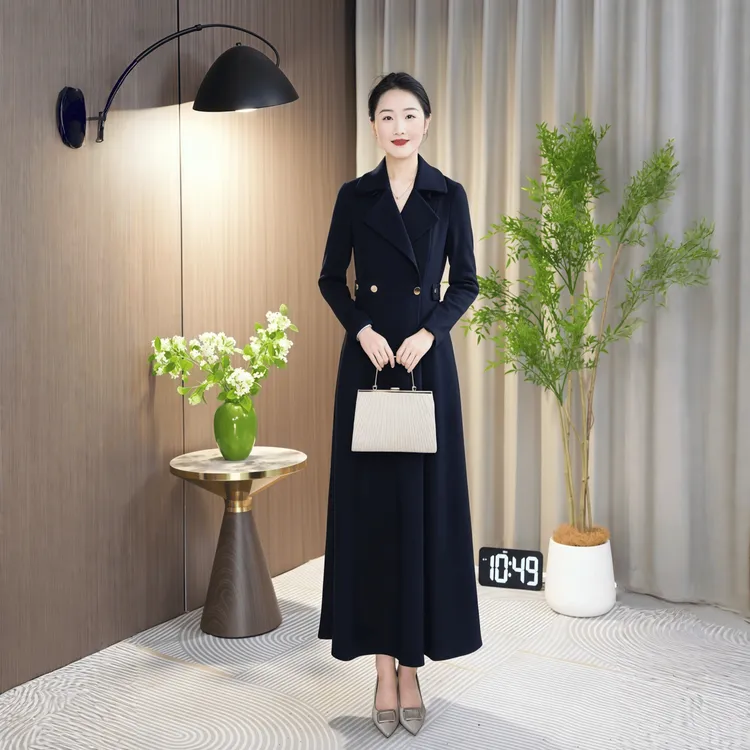 2025秋冬新款藏蓝色气质连衣裙中长款韩版过膝显瘦长袖时尚