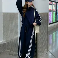 韩版休闲运动套装女秋冬季宽松高级感蝴蝶结卫衣外套阔腿裤两件套