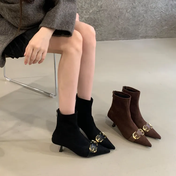 2025秋冬新款尖头瘦瘦靴时尚百搭加绒短靴细跟高跟鞋秋冬女鞋靴子