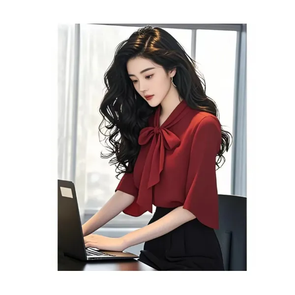 红色蝴蝶结衬衫女2025夏设计感小众优雅衬衣洋气