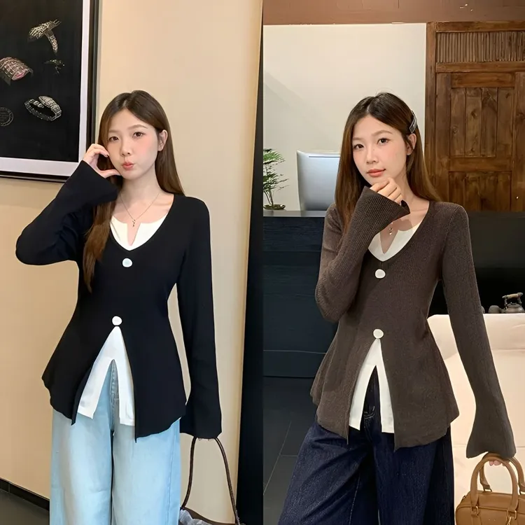 假两件正肩喇叭袖针织衫女2025新款早秋大码胖mm巨好看打底衫上衣